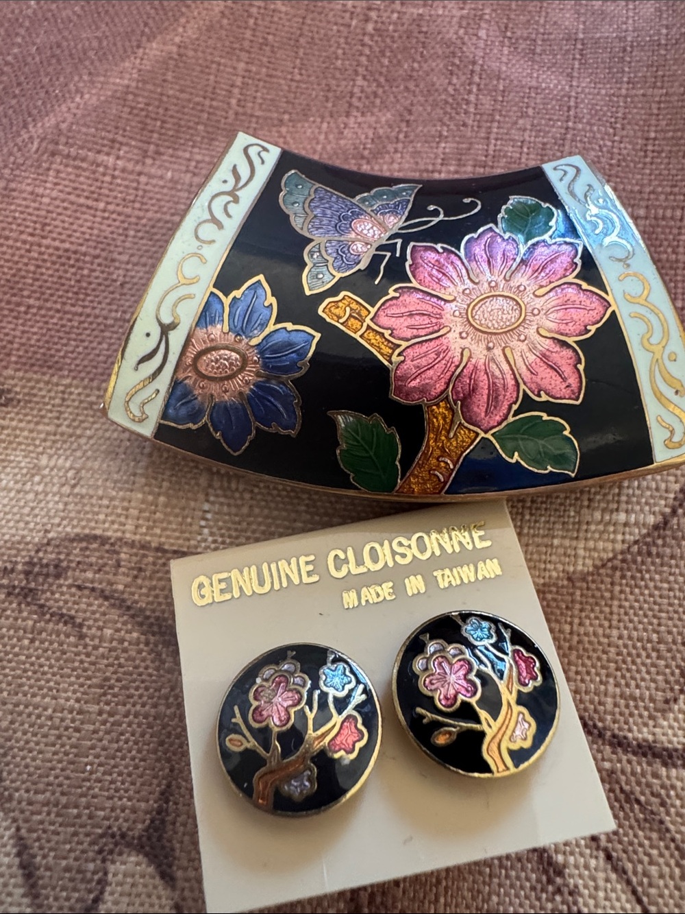 Cintage Cloisonné Floral Round Stud Earrings and Scarf Slide